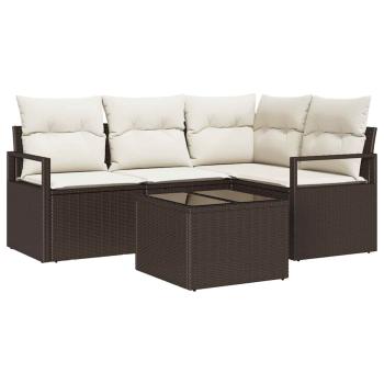 4-teiliger Gartensofa Set mit Kissen Grau Poly Rattan, 2-Sitzer Gartensofa mit Kissen Braun Poly Rattan