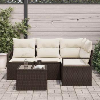 4-teiliger Gartensofa Set mit Kissen Grau Poly Rattan, 2-Sitzer Gartensofa mit Kissen Braun Poly Rattan