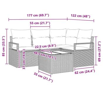 5-teiliges Garten Sofa Set mit Kissen Braunes Poly Rattan, 2-Sitzer Garten Sofa mit Kissen Beige Poly Rattan