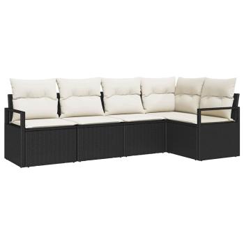 5-teiliges Garten-Sofa-Set mit Kissen Schwarz Poly-Rattan, 2-Sitzer Garten-Sofa mit Kissen Schwarz Poly-Rattan