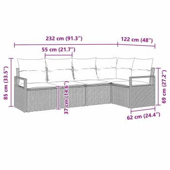 5-teiliges Garten-Sofa-Set mit Kissen Beige Poly Rattan, 2-Sitzer Garten-Sofa mit Kissen Beige Poly Rattan