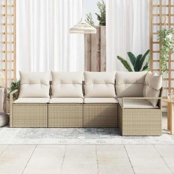 5-teiliges Garten Sofa Set mit Kissen Beige Poly Rattan, 2-Sitzer Garten Sofa mit Kissen Beige Poly Rattan