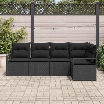 5-teiliges Garten Sofa Set mit Kissen Schwarz Poly Rattan, 2-Sitzer Garten Sofa mit Kissen Schwarz Poly Rattan