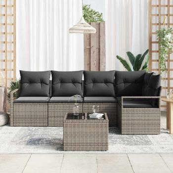 5-teiliges Garten Sofa Set mit Kissen Schwarz Poly Rattan, 2-Sitzer Garten Sofa mit Kissen Grau Poly Rattan