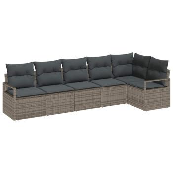 6-teiliges Garten-Sofa-Set mit Kissen Grau Poly-Rattan, 2-Sitzer Garten-Sofa mit Kissen Grau Poly-Rattan