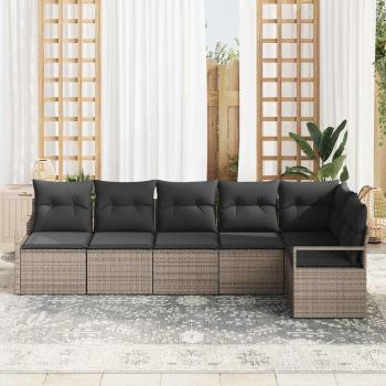 6-teiliges Garten-Sofa-Set mit Kissen Grau Poly-Rattan, 2-Sitzer Garten-Sofa mit Kissen Grau Poly-Rattan