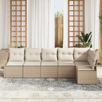 6-teilige Garten Sofa Set mit Kissen Beige Poly Rattan, 2-Sitzer Garten Sofa mit Kissen Beige Poly Rattan