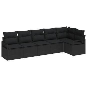 6-teiliges Garten-Sofa-Set mit Kissen Schwarz Poly Rattan, 2-Sitzer Garten-Sofa mit Kissen Schwarz Poly Rattan