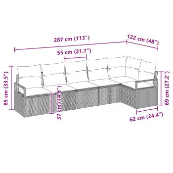 6-teiliges Garten-Sofa-Set mit Kissen Schwarz Poly Rattan, 2-Sitzer Garten-Sofa mit Kissen Schwarz Poly Rattan