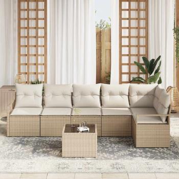 7-teiliges Garten-Sofa Set mit Kissen Braun Poly-Rattan, 2-Sitzer Garten-Sofa mit Kissen Beige Poly-Rattan