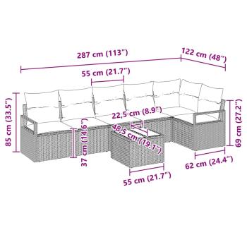 7-teiliges Garten-Sofa Set mit Kissen Braun Poly-Rattan, 2-Sitzer Garten-Sofa mit Kissen Beige Poly-Rattan