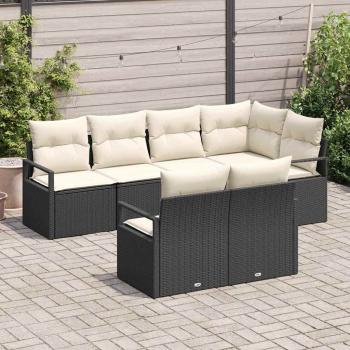 7-teiliges Garten-Sofaset mit Kissen Schwarz Poly Rattan, 2-Sitzer Garten-Sofa mit Kissen Schwarz Poly Rattan