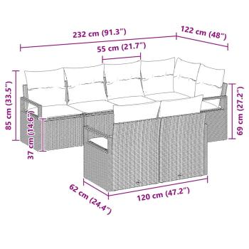 7-teiliges Garten-Sofaset mit Kissen Schwarz Poly Rattan, 2-Sitzer Garten-Sofa mit Kissen Schwarz Poly Rattan