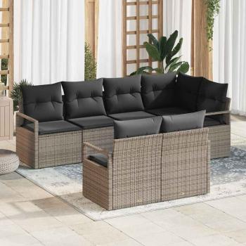 ARDEBO.de - 7-teilige Garten Sofa Set mit Kissen Grau Poly Rattan, 2-Sitzer Garten Sofa mit Kissen Grau Poly Rattan