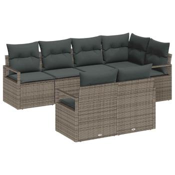 7-teilige Garten Sofa Set mit Kissen Grau Poly Rattan, 2-Sitzer Garten Sofa mit Kissen Grau Poly Rattan