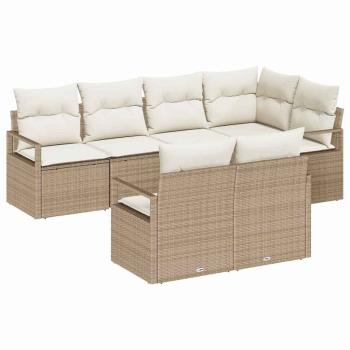 7-teiliges Garten-Sofa-Set mit Kissen Beige Poly Rattan, 2-Sitzer Garten-Sofa mit Kissen Beige Poly Rattan
