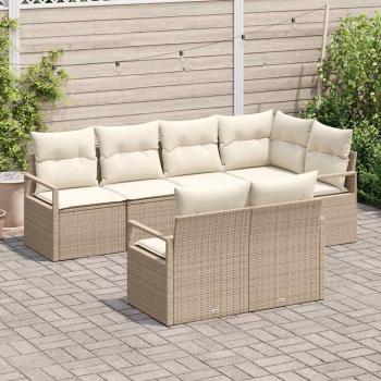 7-teiliges Garten-Sofa-Set mit Kissen Beige Poly Rattan, 2-Sitzer Garten-Sofa mit Kissen Beige Poly Rattan