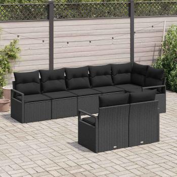8-teiliges Garten Sofa Set mit Kissen schwarzes Poly Rattan, 2-Sitzer Garten Sofa mit Kissen schwarzes Poly Rattan