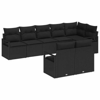 8-teiliges Garten Sofa Set mit Kissen schwarzes Poly Rattan, 2-Sitzer Garten Sofa mit Kissen schwarzes Poly Rattan