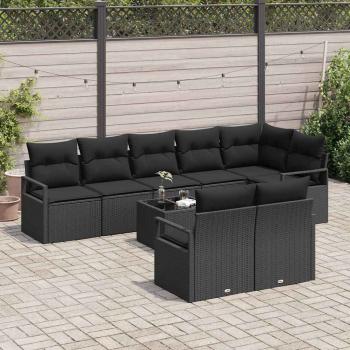 9-teilige Garten-Sofa-Set mit Kissen Beige Poly Rattan, 2-Sitzer Garten-Sofa mit Kissen Schwarz Poly Rattan