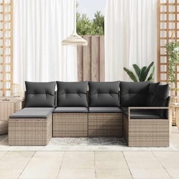 6-teilige Garten Sofa Set mit Kissen Grau Poly Rattan, 2-Sitzer Garten Sofa mit Kissen Grau Poly Rattan