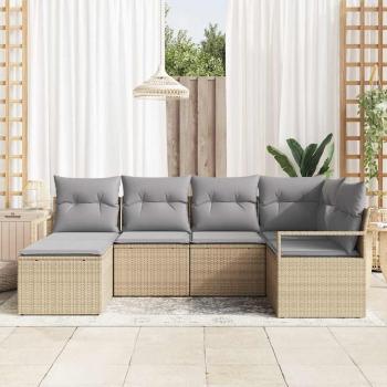 6-teiliges Garten Sofa Set mit Kissen Beige Poly Rattan, 2-Sitzer Garten Sofa mit Kissen Beige Poly Rattan