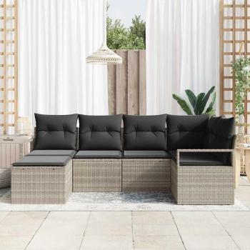 6-teiliges Garten-Sofa-Set mit Kissen Hellgrau Poly Rattan, 2-Sitzer Garten-Sofa mit Kissen Grau Poly Rattan