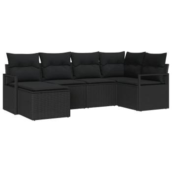 6-teiliges Garten Sofa Set mit Kissen Schwarz Poly-Rattan, 2-Sitzer Garten Sofa mit Kissen Schwarz Poly-Rattan