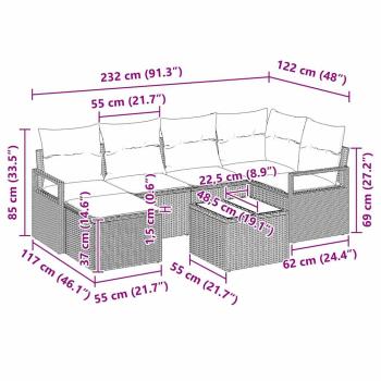 7-teiliges Garten-Sofa-Set mit Kissen Schwarz Poly Rattan, 2-Sitzer Garten-Sofa mit Kissen Beige Poly Rattan