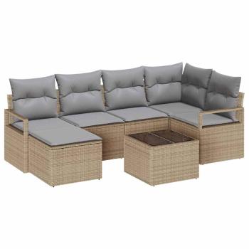 7-teiliges Garten-Sofa-Set mit Kissen Schwarz Poly Rattan, 2-Sitzer Garten-Sofa mit Kissen Beige Poly Rattan