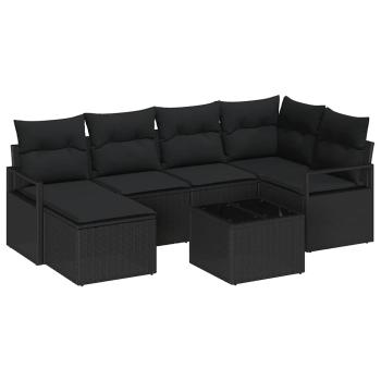 7-teiliges Garten-Sofa-Set mit Kissen Beige Poly-Rattan, 2-Sitzer Garten-Sofa mit Kissen Schwarz Poly-Rattan
