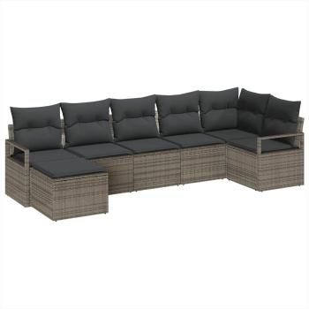 7-teiliges Gartensofa-Set mit Kissen Grau Poly Rattan, 2-Sitzer Gartensofa mit Kissen Grau Poly Rattan