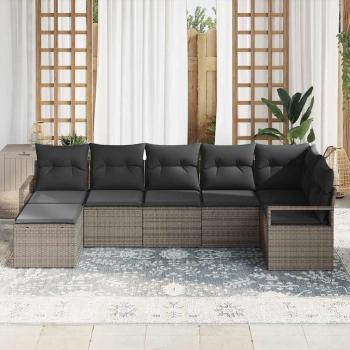 7-teiliges Gartensofa-Set mit Kissen Grau Poly Rattan, 2-Sitzer Gartensofa mit Kissen Grau Poly Rattan