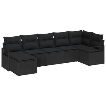 7-teilige Garten-Sofa-Lounge mit Kissen Schwarz Poly-Rattan, 2-Sitzer Garten-Sofa mit Kissen Schwarz Poly-Rattan