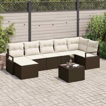 ARDEBO.de - 7-teilige Garten Sofa Set mit Kissen Grau Poly Rattan, 2-Sitzer Garten Sofa mit Kissen Braun Poly Rattan