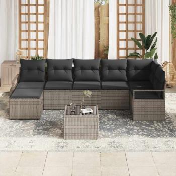 7-teiliges Garten-Sofa-Set mit Kissen Schwarz Poly-Rattan, 2-Sitzer Garten-Sofa mit Kissen Grau Poly-Rattan