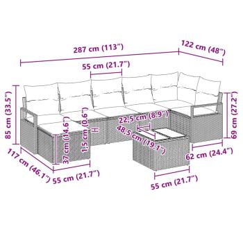 8-teiliges Gartensofa Set mit Kissen Grau Poly Rattan, 2-Sitzer Gartensofa mit Kissen Grau Poly Rattan