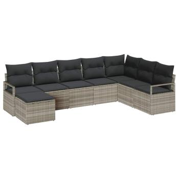 8-teiliges Garten-Sofa-Set mit Kissen Hellgrau Poly-Rattan, 2-Sitzer Garten-Sofa mit Kissen Grau Poly-Rattan