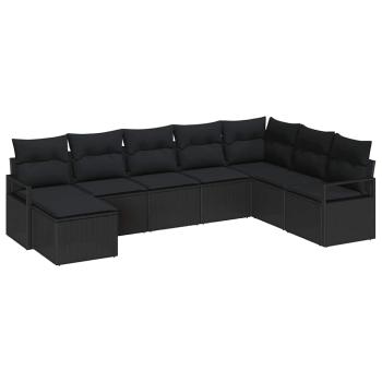 8-teiliges Garten Sofa Set mit Kissen Schwarz Poly Rattan, 2-Sitzer Garten Sofa mit Kissen Schwarz Poly Rattan