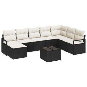 8-teiliges Garten Sofa Set mit Kissen in Braun Poly Rattan, 2-Sitzer Garten Sofa mit Kissen in Schwarz Poly Rattan