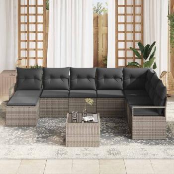 8-teiliges Garten Sofa Set mit Kissen Schwarz Poly Rattan, 2-Sitzer Garten Sofa mit Kissen Grau Poly Rattan