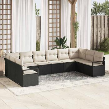 ARDEBO.de - 10-teiliges Garten Sofa Set mit Kissen Schwarz Poly Rattan, 2-Sitzer Garten Sofa mit Kissen Schwarz Poly Rattan