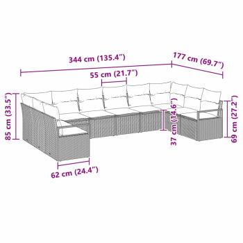 10-teiliges Garten Sofa Set mit Kissen in Beige aus Poly Rattan, 2-Sitzer Garten Sofa mit Kissen in Beige aus Poly Rattan