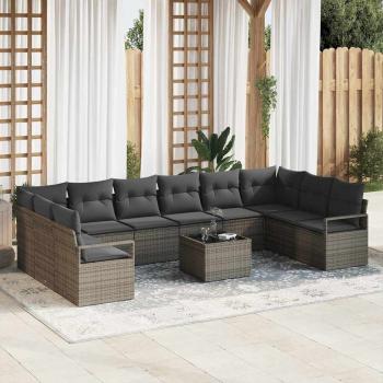 ARDEBO.de - 10-teiliges Garten Sofa Set mit Kissen Schwarz Poly Rattan, 2-Sitzer Garten Sofa mit Kissen Grau Poly Rattan