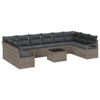10-teiliges Garten Sofa Set mit Kissen Schwarz Poly Rattan, 2-Sitzer Garten Sofa mit Kissen Grau Poly Rattan