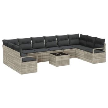 11-teiliges Garten Sofa Set mit Kissen Grau Poly Rattan, 2-Sitzer Garten Sofa mit Kissen Grau Poly Rattan