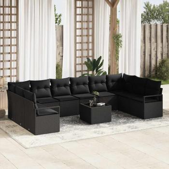 ARDEBO.de - 11-teiliges Garten-Sofa-Set mit Kissen in Beige aus Poly Rattan, 2-Sitzer Garten Sofa mit Kissen in Schwarz aus Poly Rattan