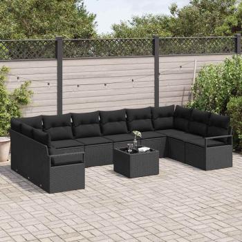 11-teiliges Garten-Sofa-Set mit Kissen in Beige aus Poly Rattan, 2-Sitzer Garten Sofa mit Kissen in Schwarz aus Poly Rattan