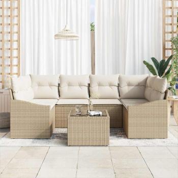 7-teiliges Garten Sofa Set mit Kissen Beige Poly Rattan