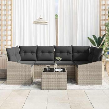 7-teiliges Garten-Sofa-Set mit Kissen Hellgrau Poly Rattan